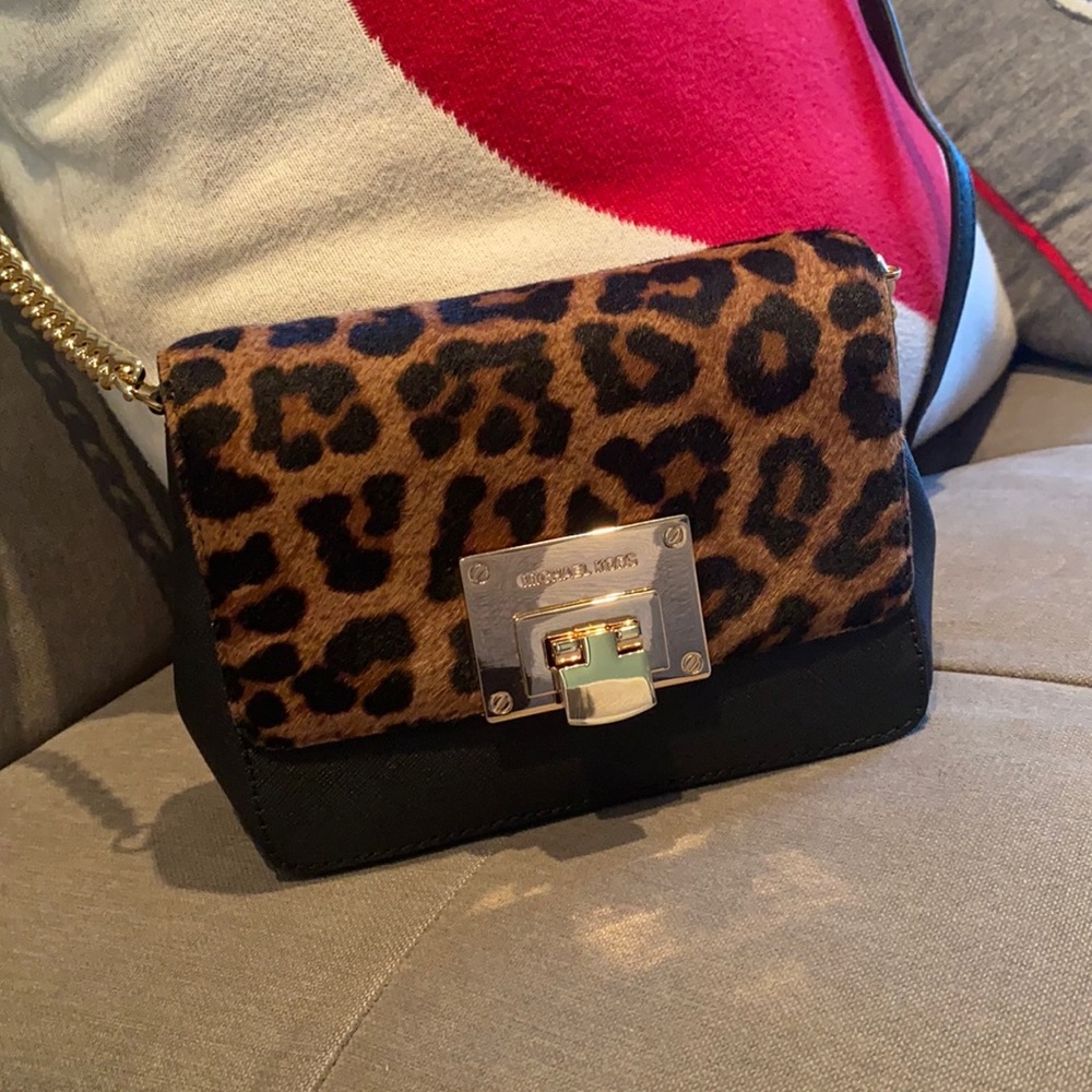 Michael Kors Genuine Hair calf leopard print and black crossbody.  NWT